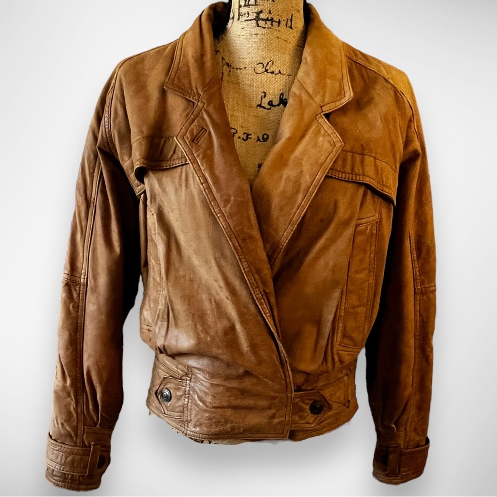 GLOBAL IDENTITY Women's Vintage Cropped Brown Leather Bomber Jacket Small | EUC